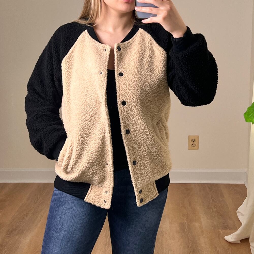 Movint Colorblock Raglan Sleeve Fleece Bomber Jacket L Black Tan Teddy